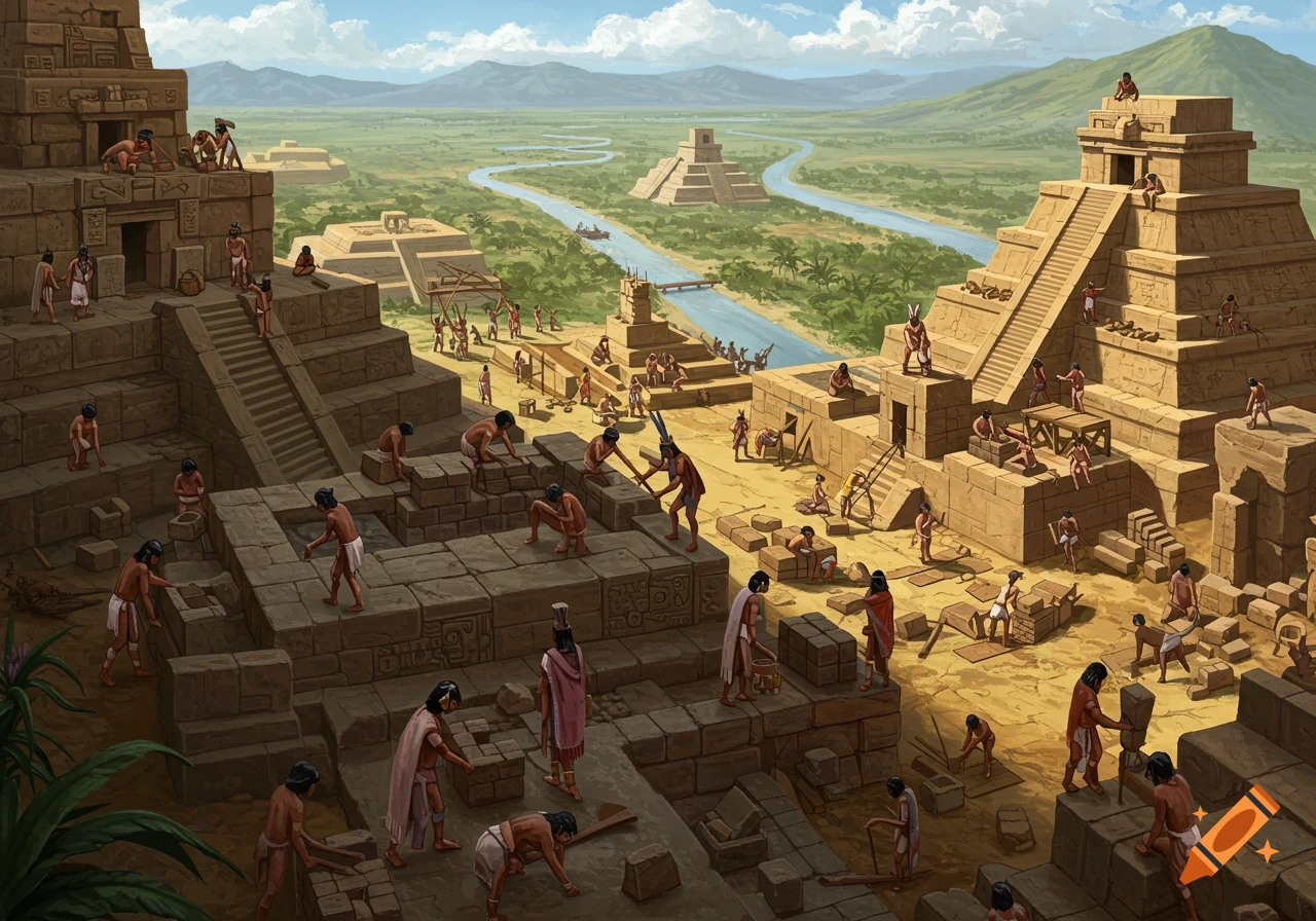 People constructing large stone pyramids and structures in an ancient city landscape with a river, illustrated.