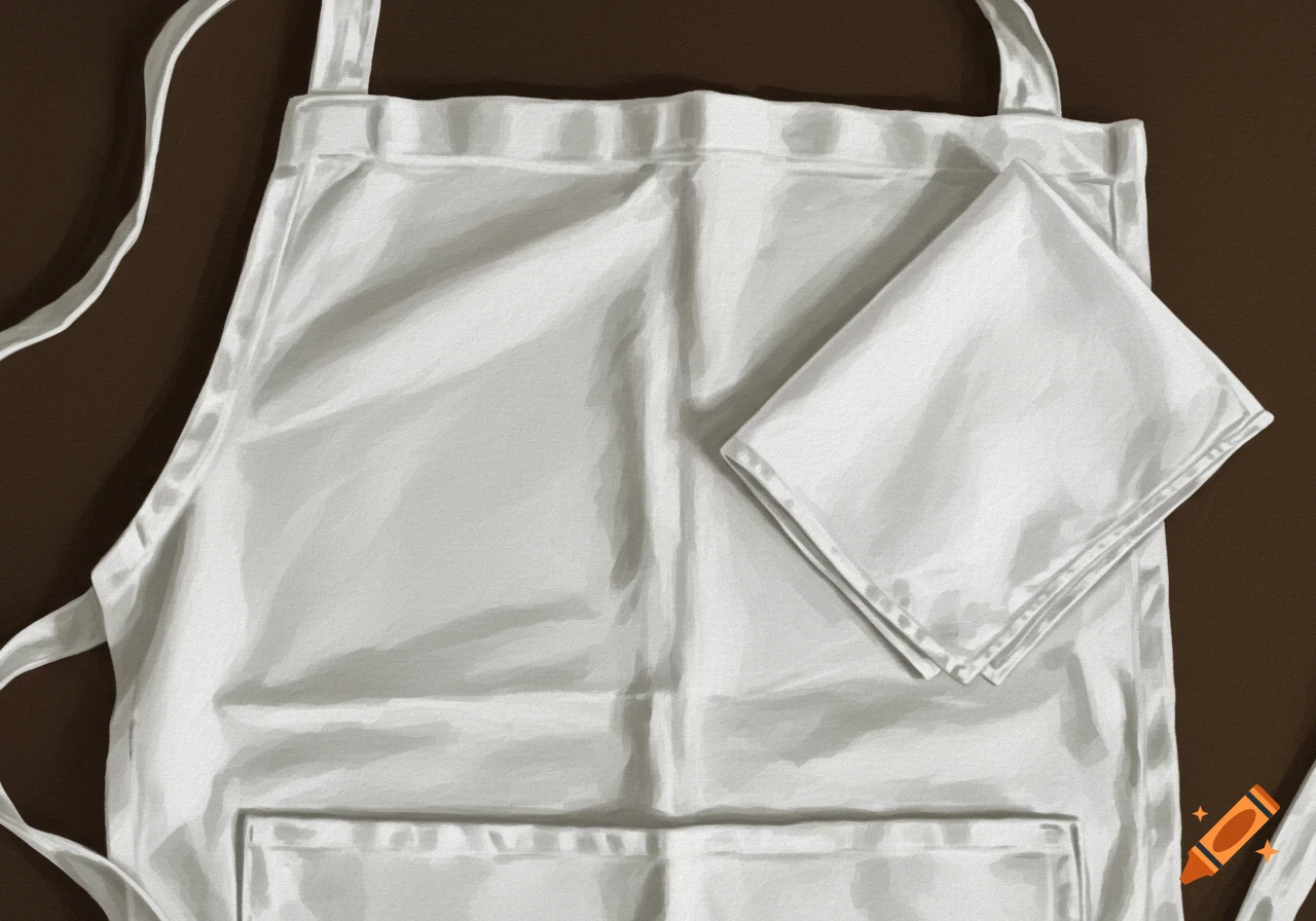 A white apron and folded white handkerchief on a brown background.