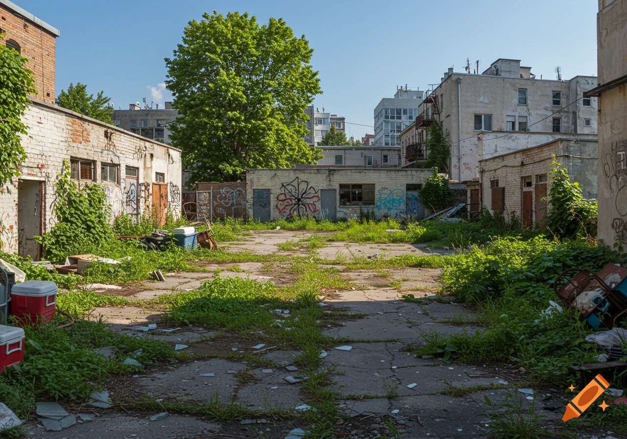 An overgrown abandoned city lot with debris and graffiti-covered buildings under a clear sky.