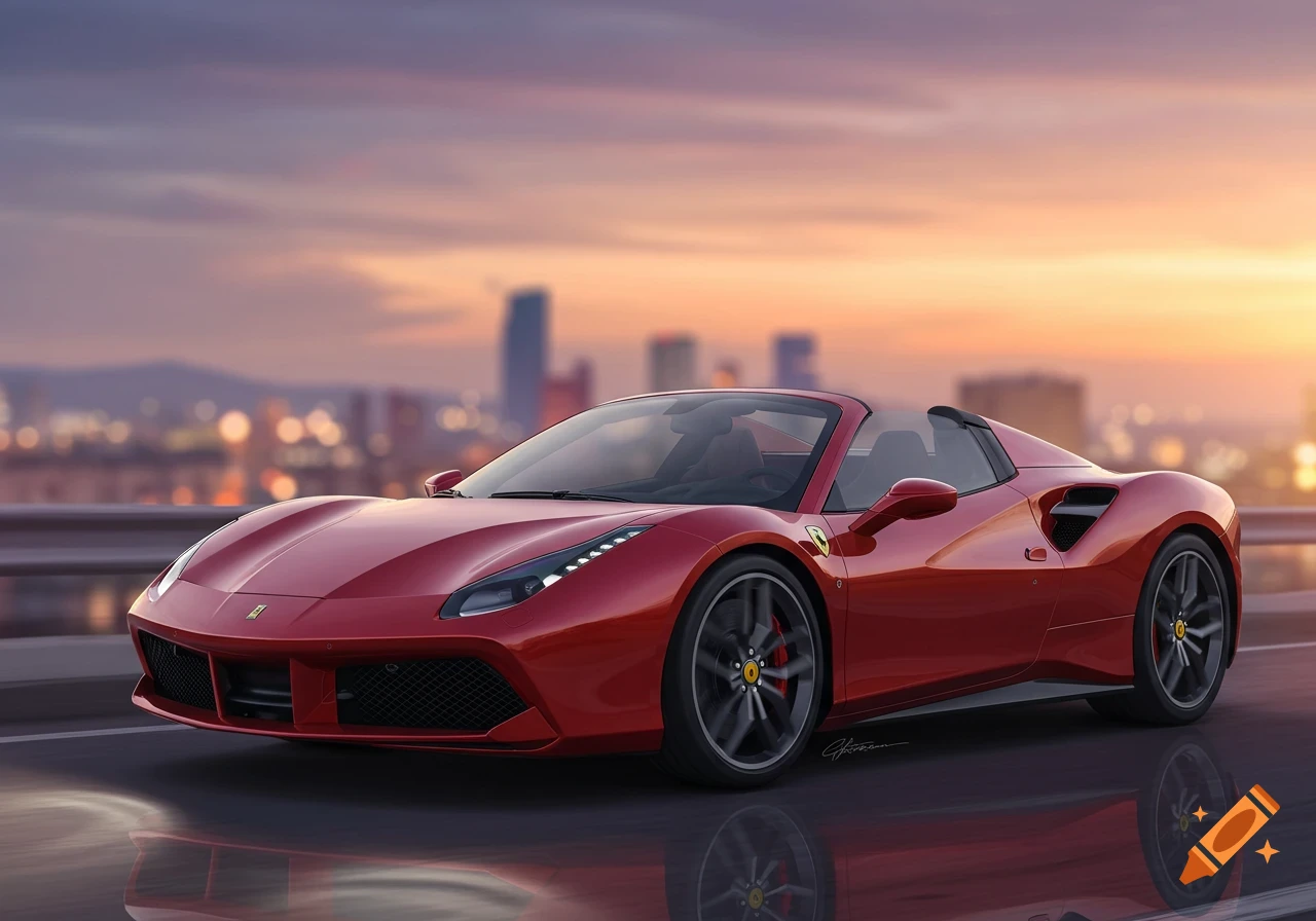 A red Ferrari 488 Spider convertible drives along a road at sunset with a city skyline in the background.