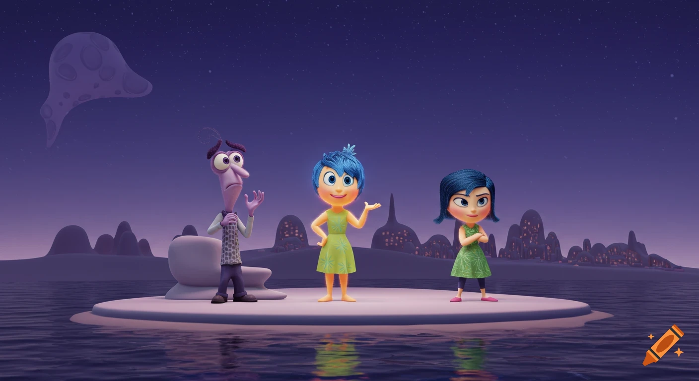 Fear, Joy, and Sadness from Inside Out on an island in a purple landscape.
