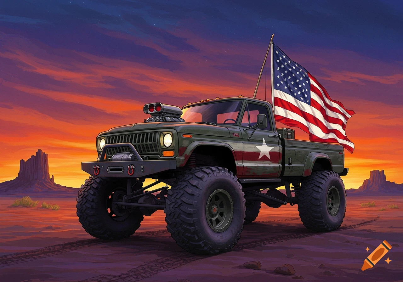 Illustrated monster truck with American flag in desert sunset