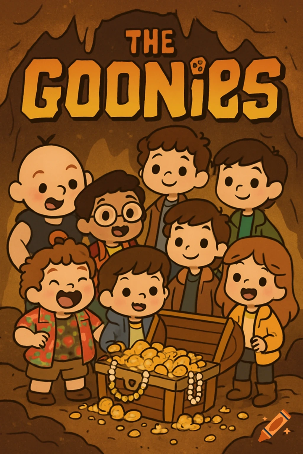 Cute cartoon characters from The Goonies around a treasure chest in a cave.