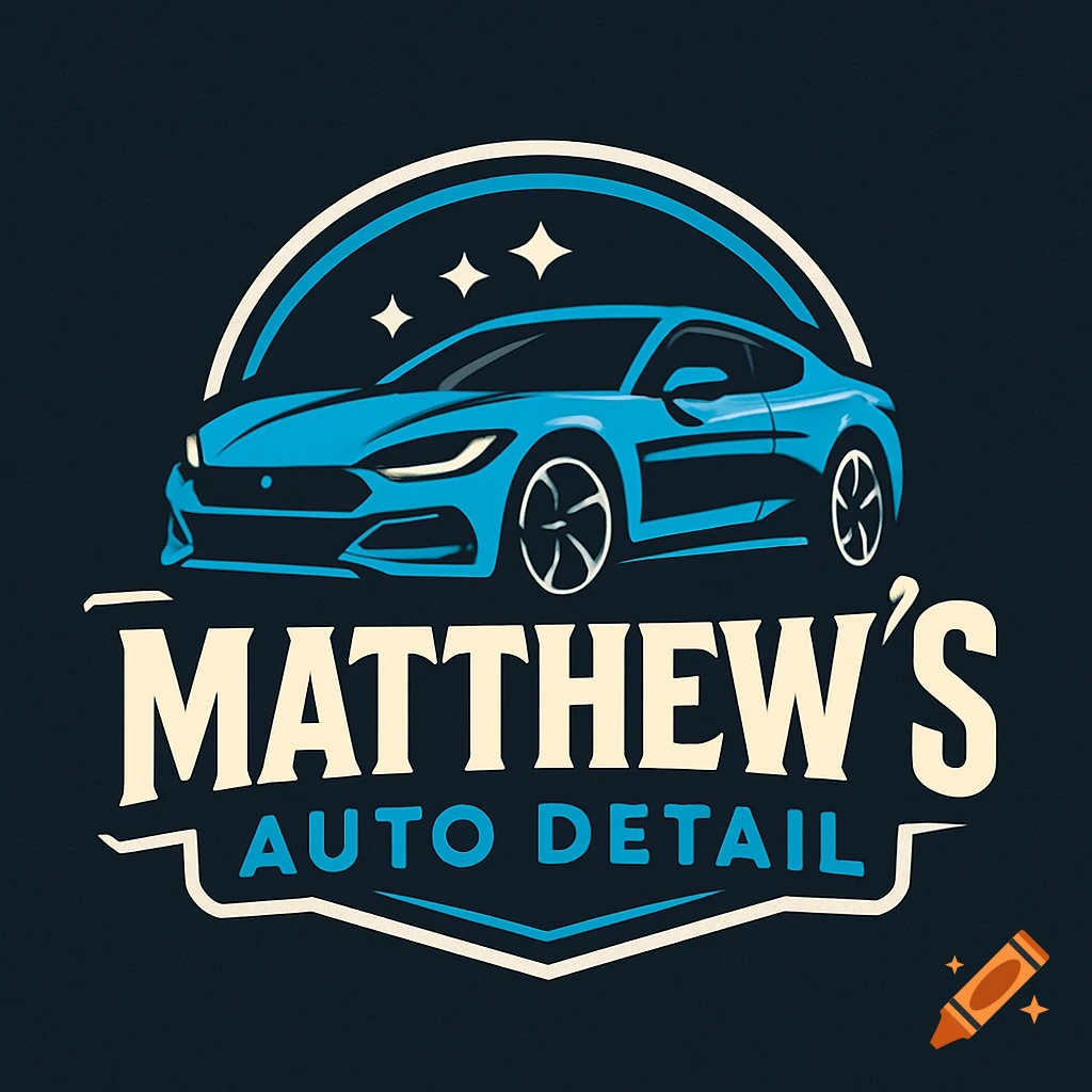 Logo for Matthew's Auto Detail featuring a blue car inside a circular frame with text.