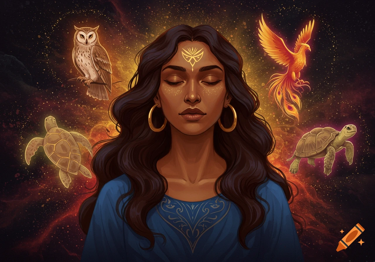 Fantasy illustration of a woman with cosmic background and spirit animals: owl, turtles, and phoenix.