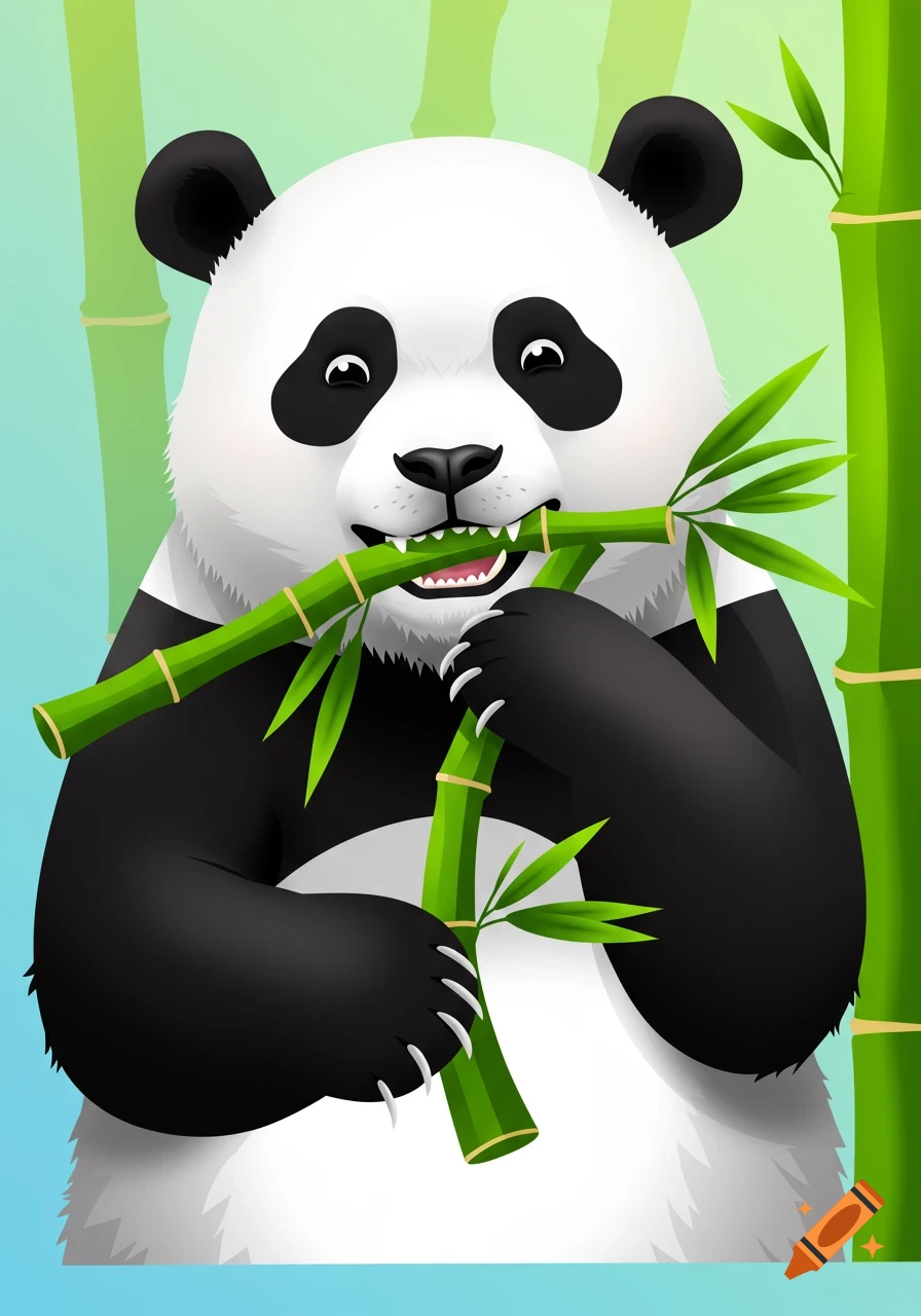 Cartoon illustration of a panda eating bamboo