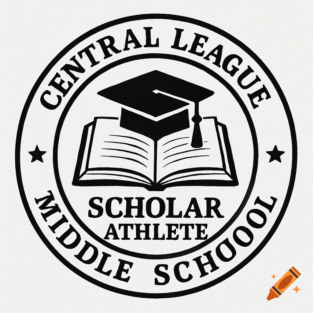 Black and white seal logo with text 'Central League Middle School Scholar Athlete', a graduation cap, and an open book.