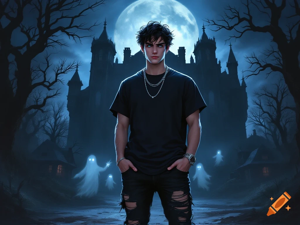 A man stands in front of a haunted mansion under a full moon, with ghosts floating nearby. Dark fantasy style.