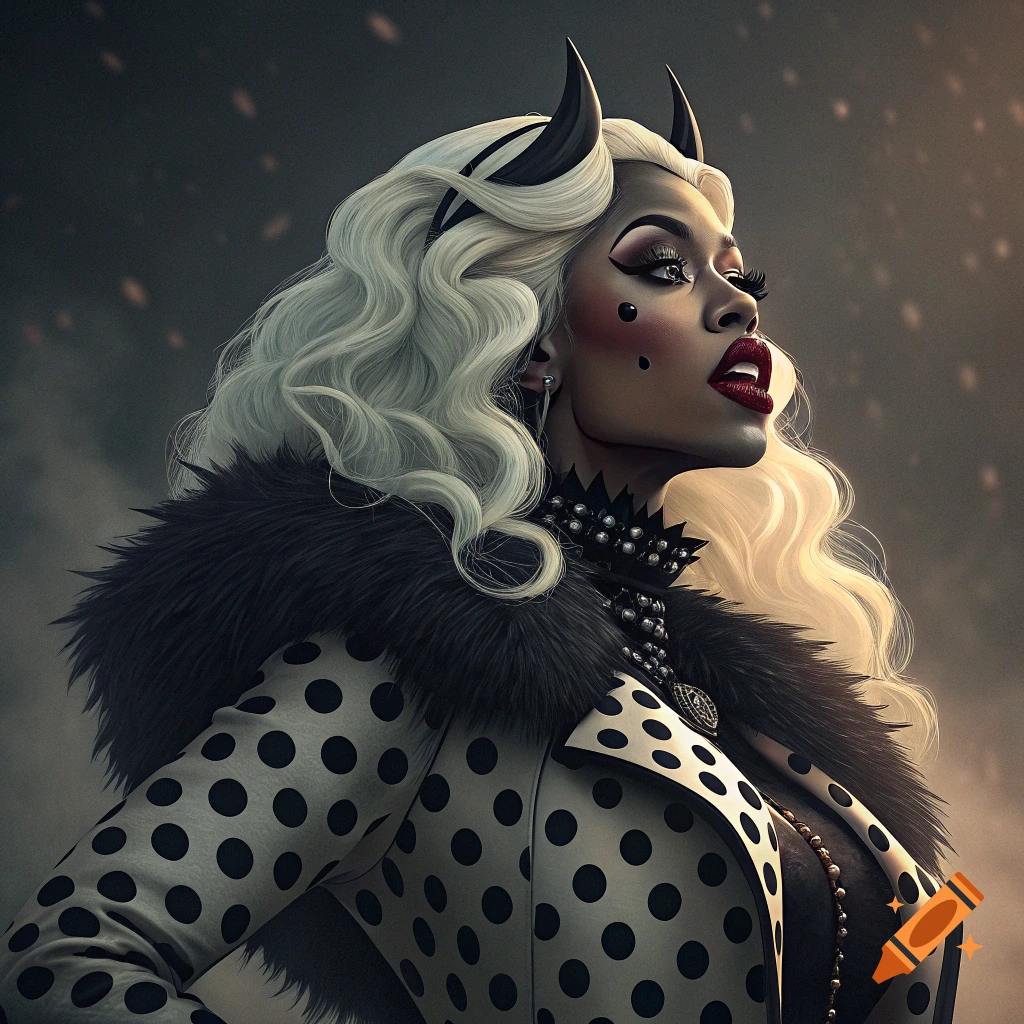 Portrait of a woman dressed as Cruella de Vil with horns and a spotted coat.