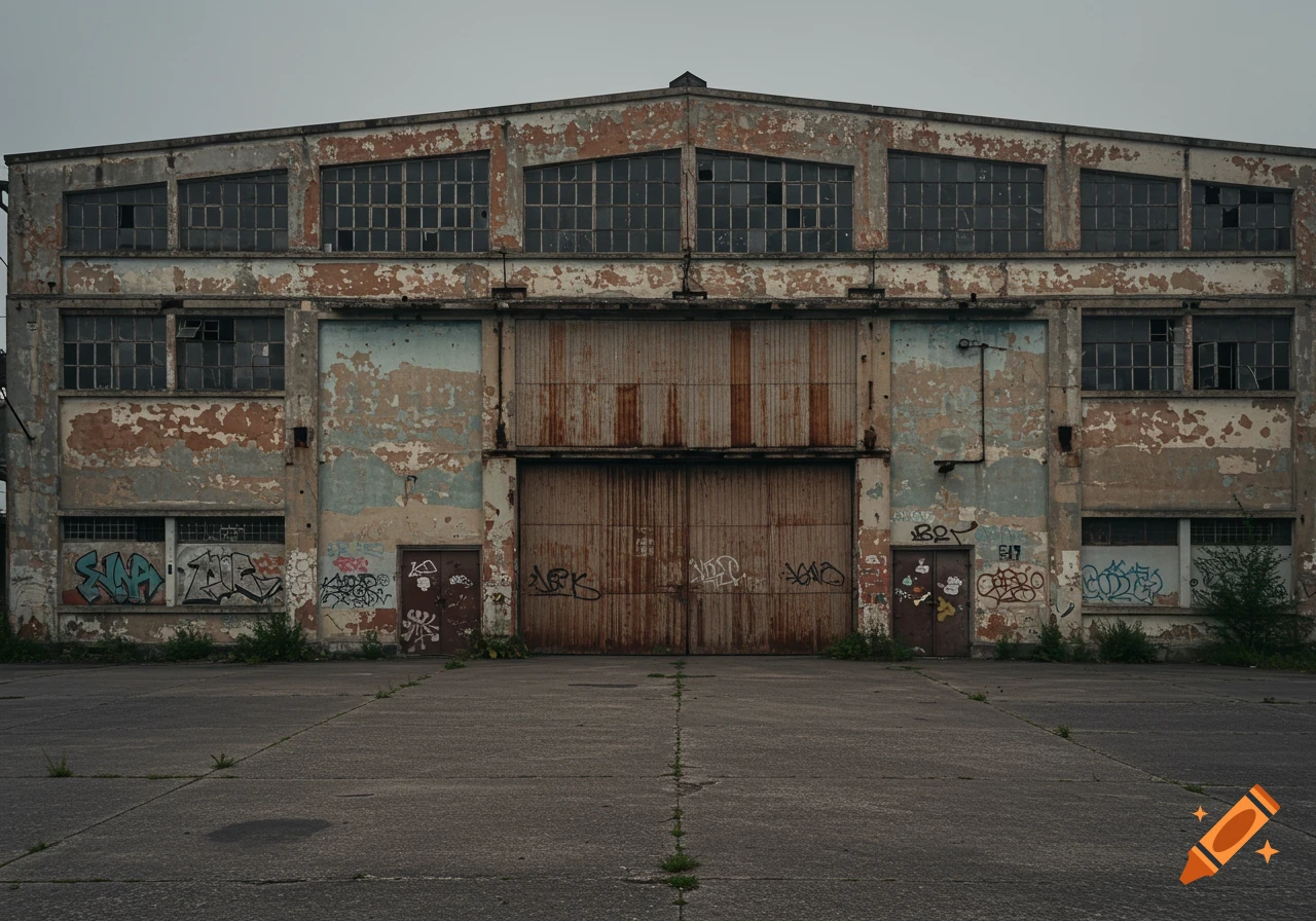 Front view of a large, old, dilapidated warehouse with peeling paint, large rusty doors, broken windows, and extensive graffiti.