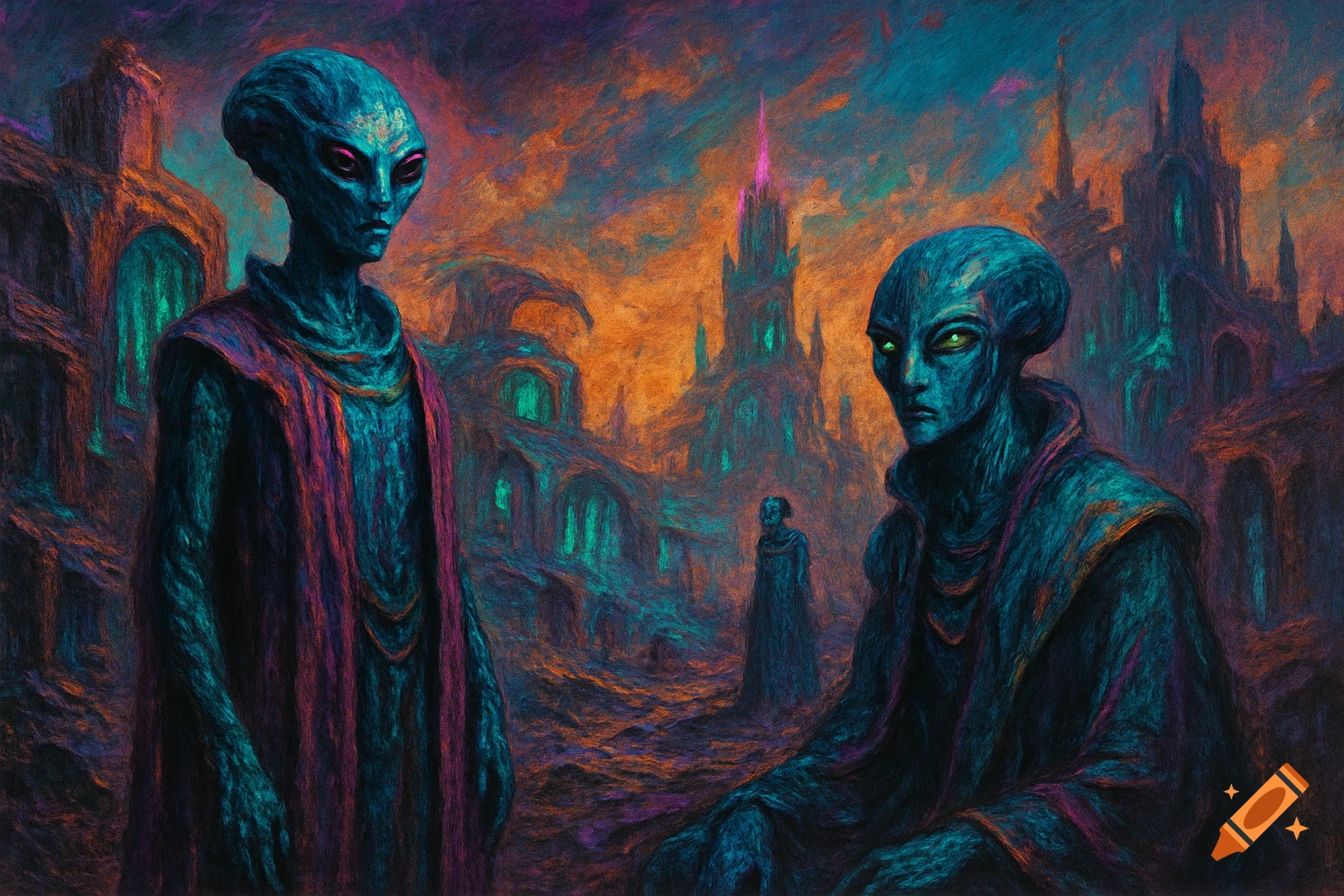 Two blue-skinned aliens in robes stand in a ruined city under an orange sky, surreal dark fantasy style.