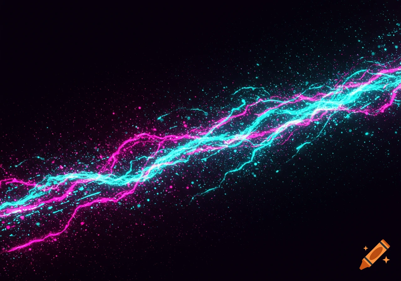 Abstract neon energy streaks with pink and cyan light and scattered particles on a black background.