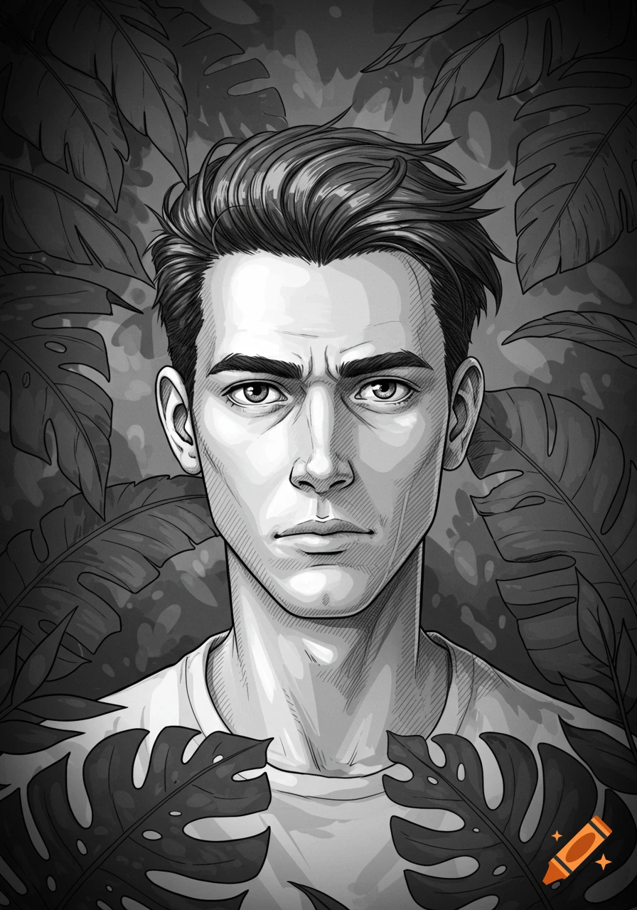 Black and white illustration of a young man's portrait with leaves in the background.