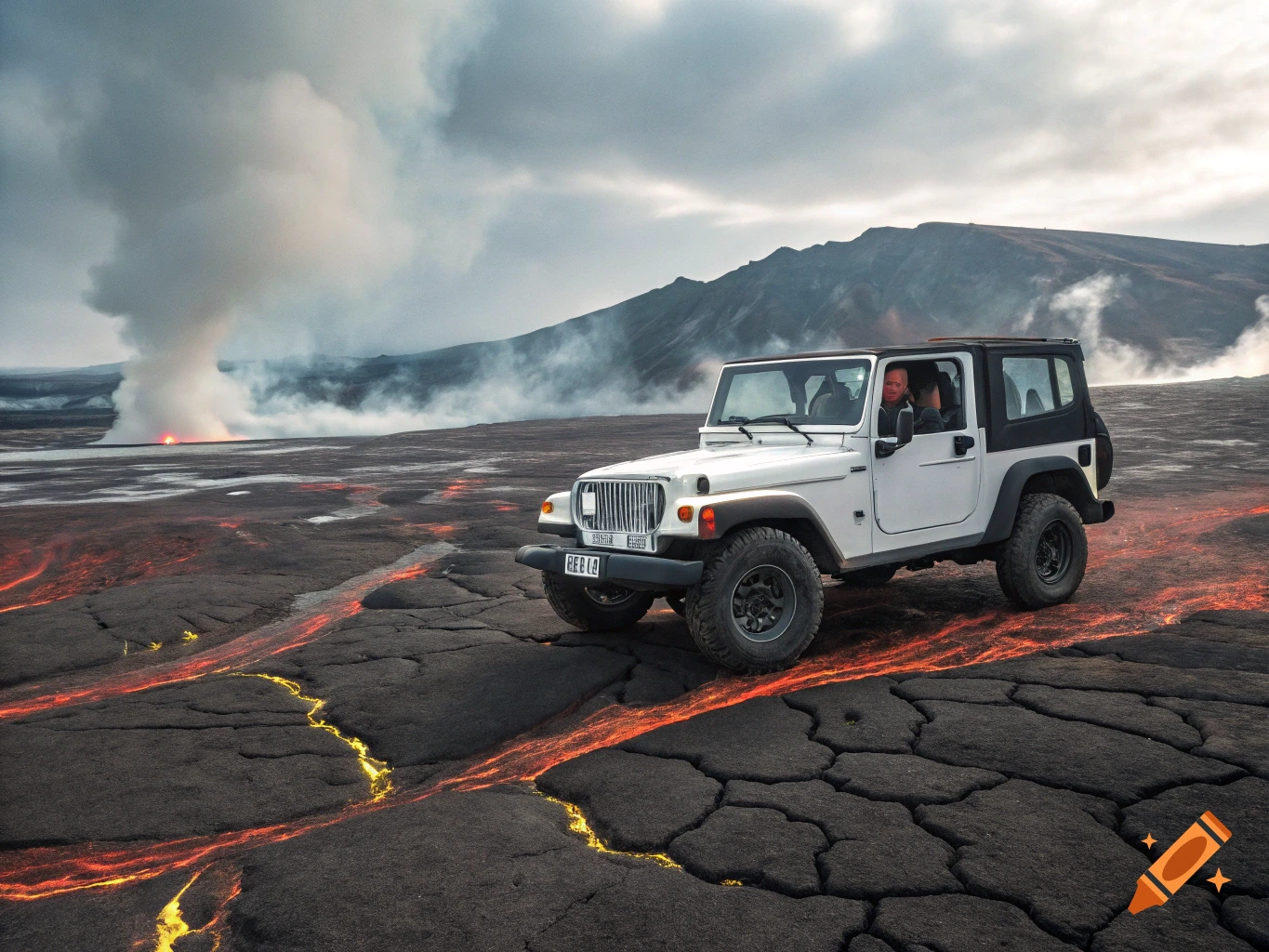 A white Jeep drives across cracked volcanic rock with flowing lava, near a steaming volcano under a cloudy sky.