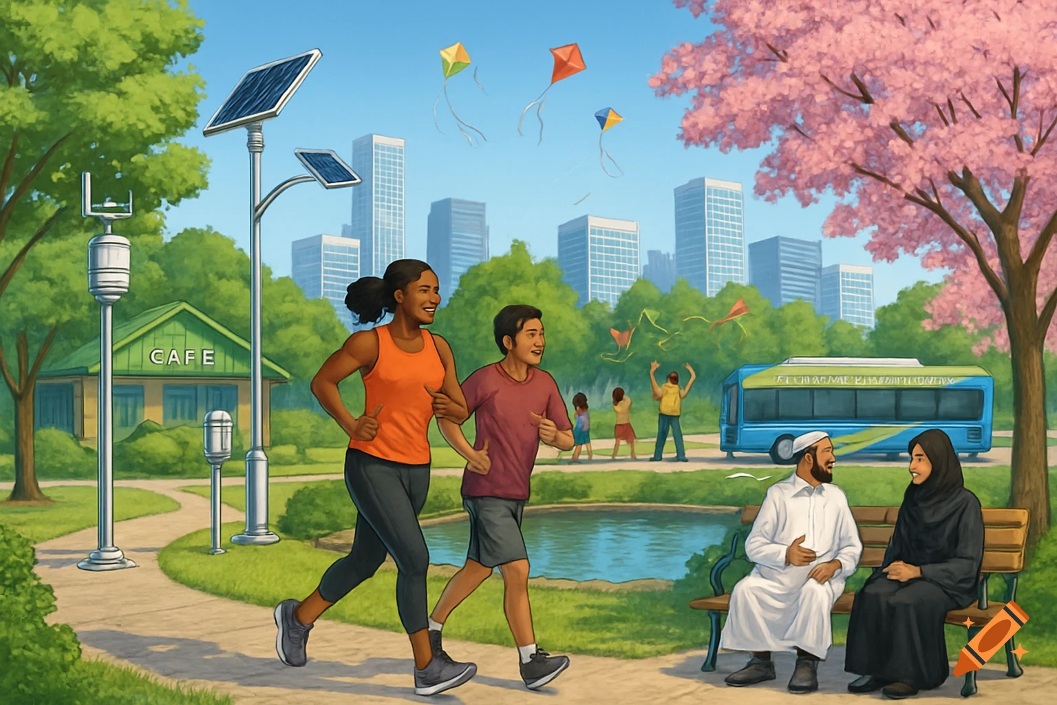 Illustration of diverse people in a city park with solar panels, a green cafe, a pond, and a bus.