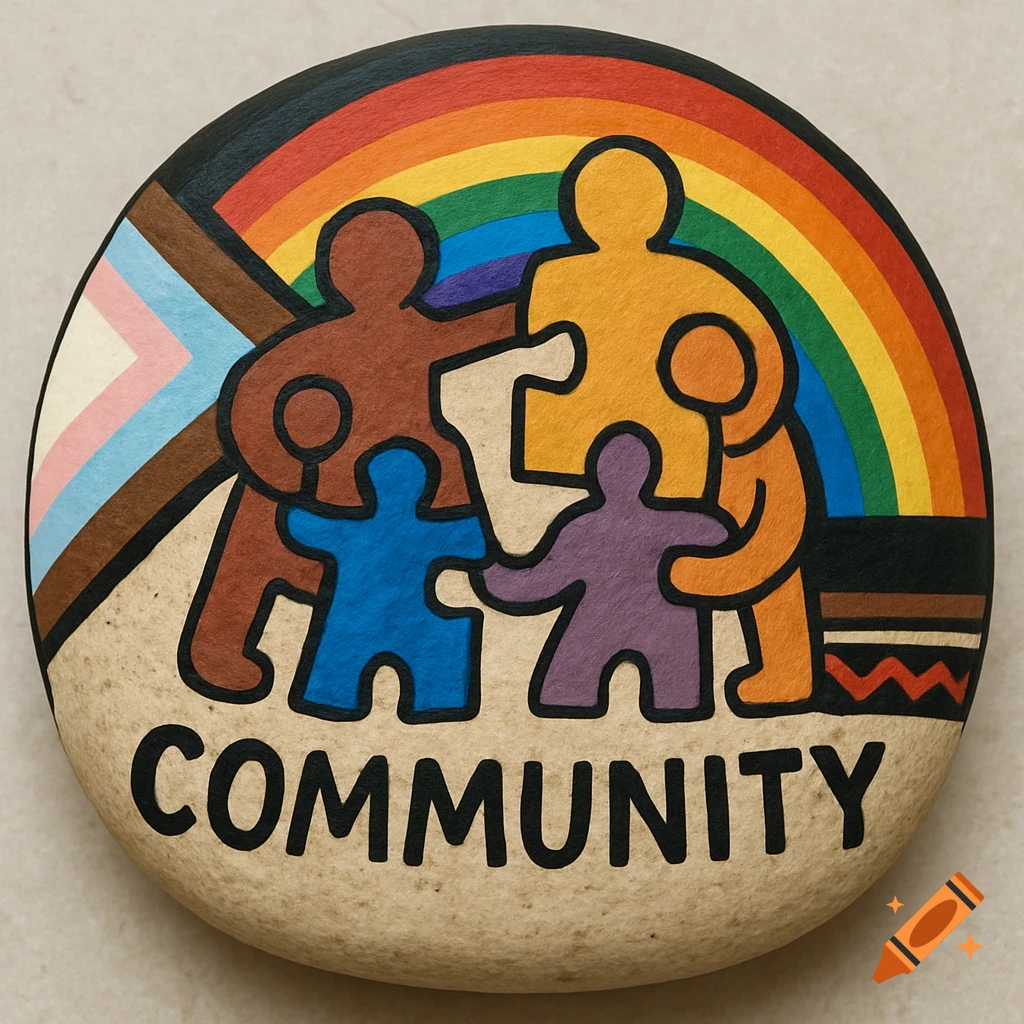 A painted rock with puzzle piece people, a rainbow, a trans flag element, Indigenous art symbols, and the word COMMUNITY.
