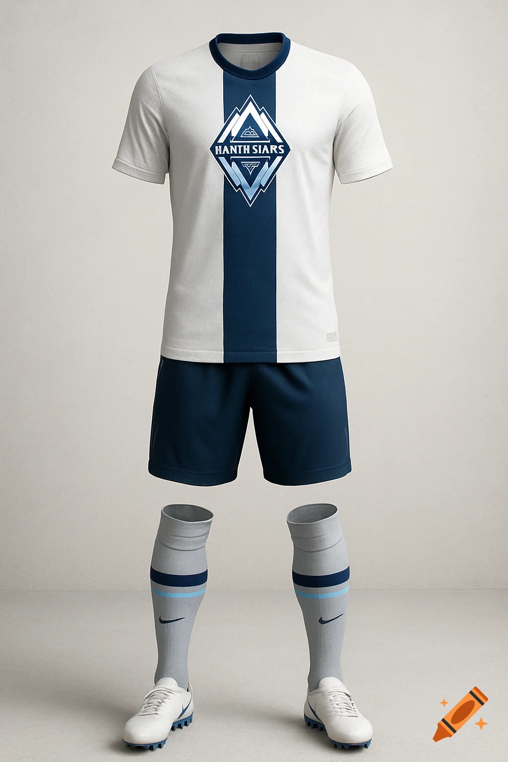 A soccer uniform featuring a white jersey with a blue central stripe and logo, navy blue shorts, and gray socks with blue details.