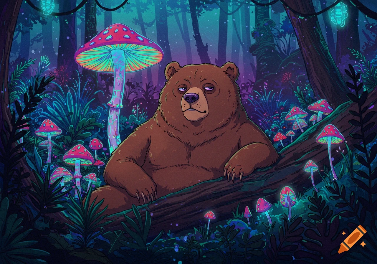 Cartoon bear sitting among colorful mushrooms in a dark anime forest.