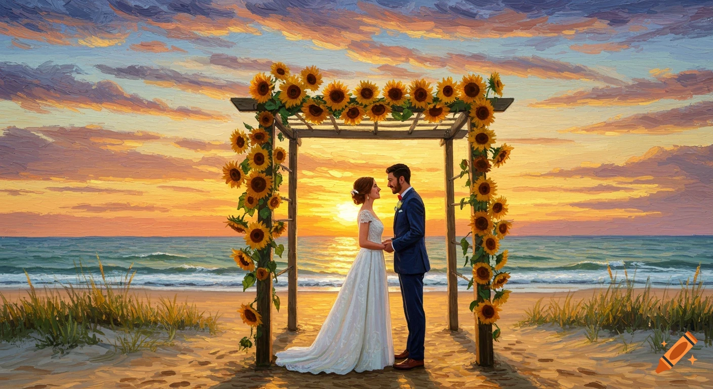 Wedding couple on a beach at sunset under a sunflower arch, painted in Van Gogh style.