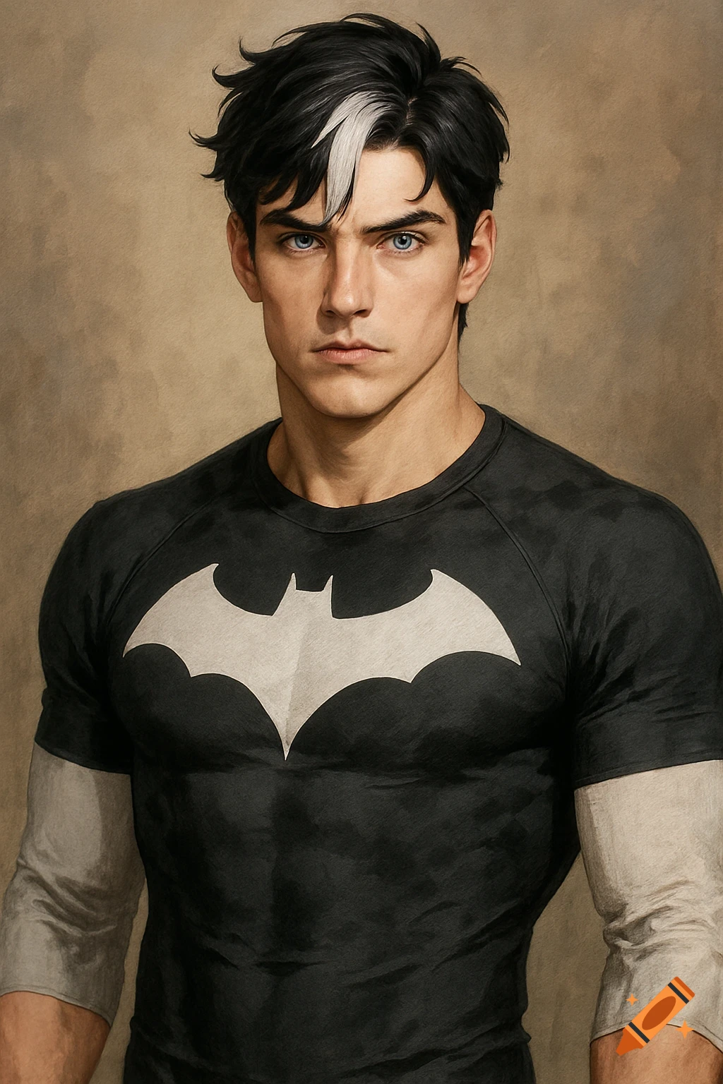 Portrait of a man with black hair and white bangs wearing a black shirt with a white Batman logo.