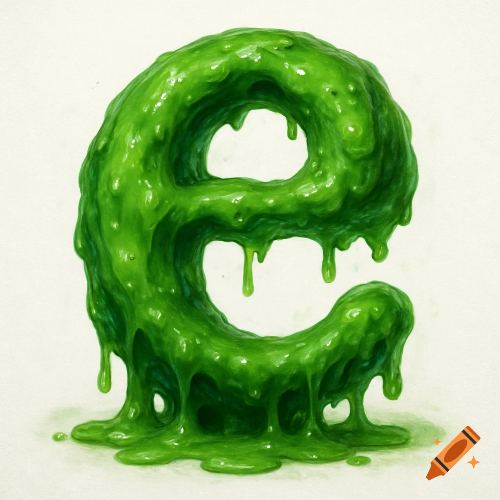 Illustration of a lower case 'e' made of dripping green slime on a white background.
