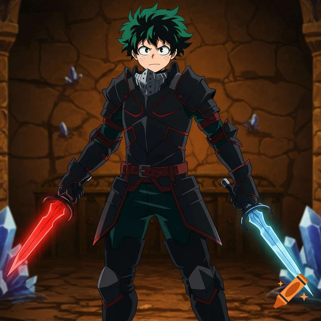 Izuku Midoriya in black fantasy armor holds a red and a blue glowing dagger in a dungeon.