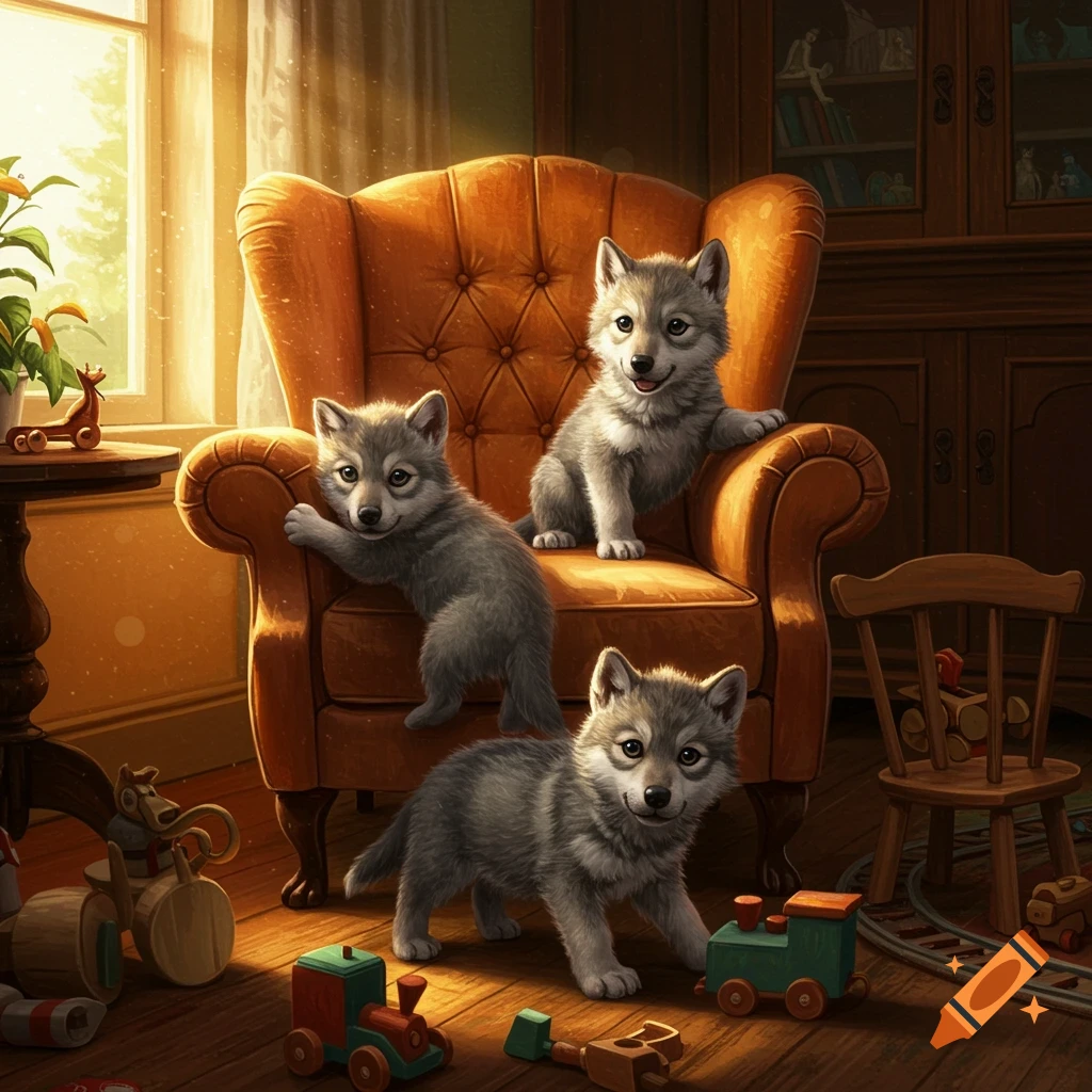 Three cute wolf puppies play with wooden toys around an armchair in a sunny room.