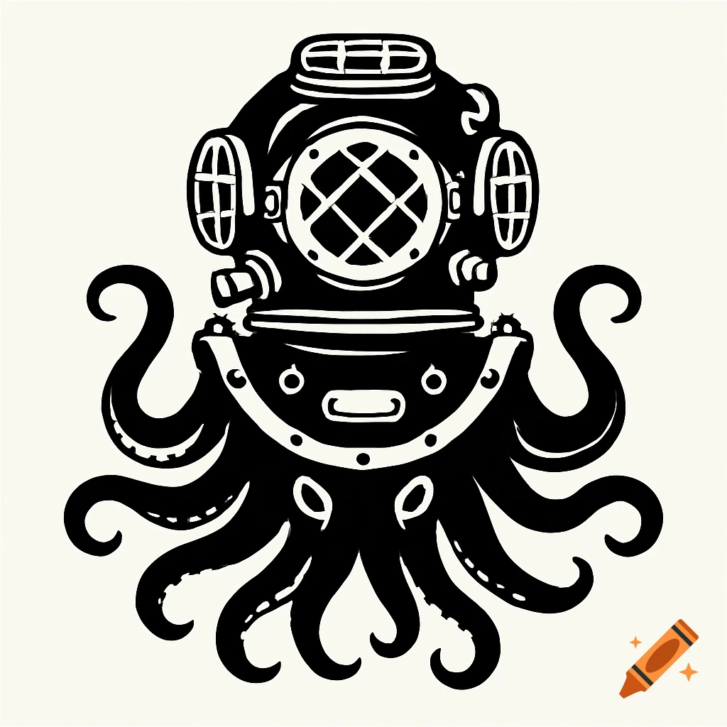 Black and white vintage illustration of a diving helmet with octopus tentacles.