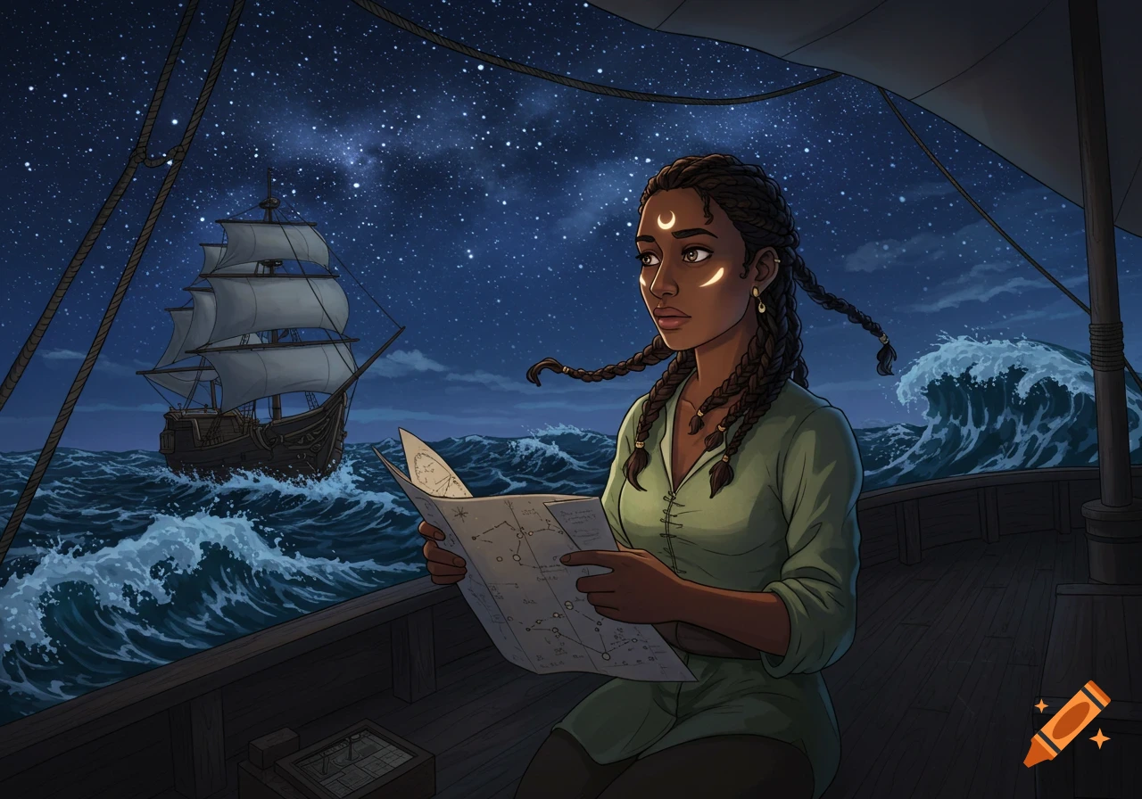 Illustration of a woman on a ship looking at a map under a starry night sky