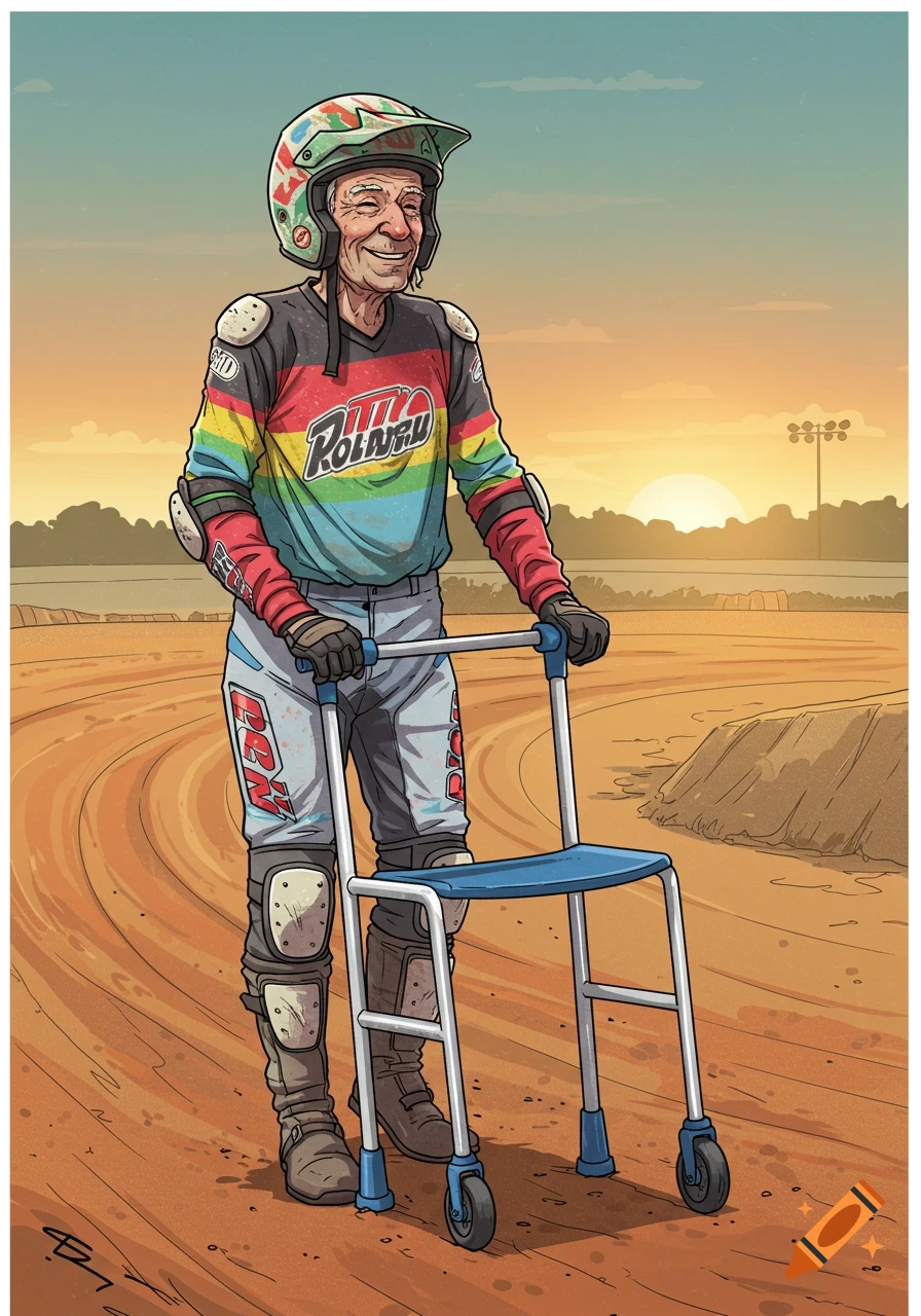 An illustration of an old man in motocross gear holding a walker on a dirt track.