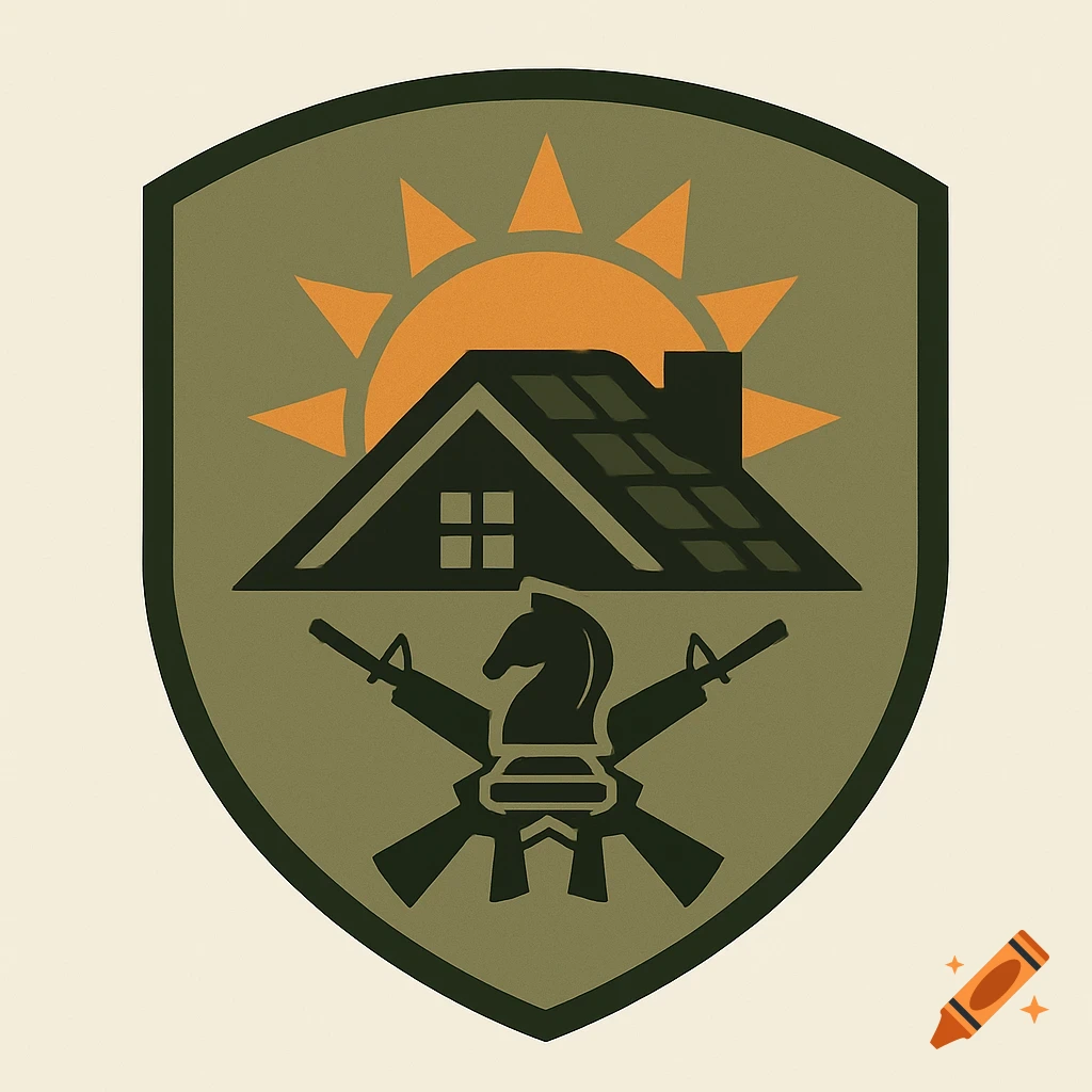 A military-style shield logo featuring a house, sun, crossed rifles, and a chess knight.