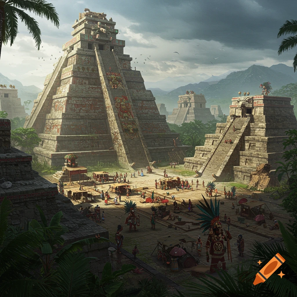 Ancient city square with large pyramids, marketplace, and people under a cloudy sky.