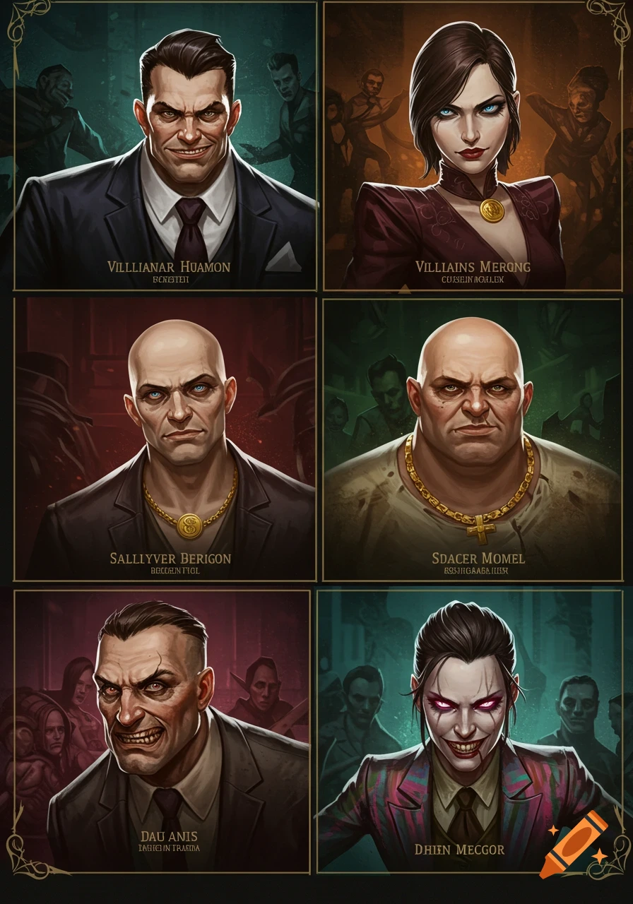 Six stylized digital portraits of villains in suits.
