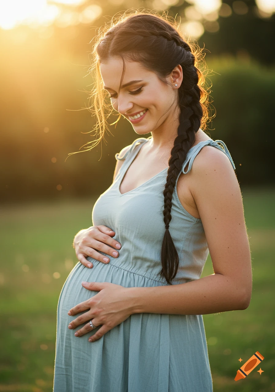 Photorealistic portrait of a smiling pregnant woman holding her belly outdoors at sunset.