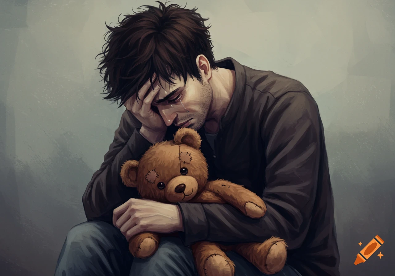 Digital painting of a man crying while holding a teddy bear
