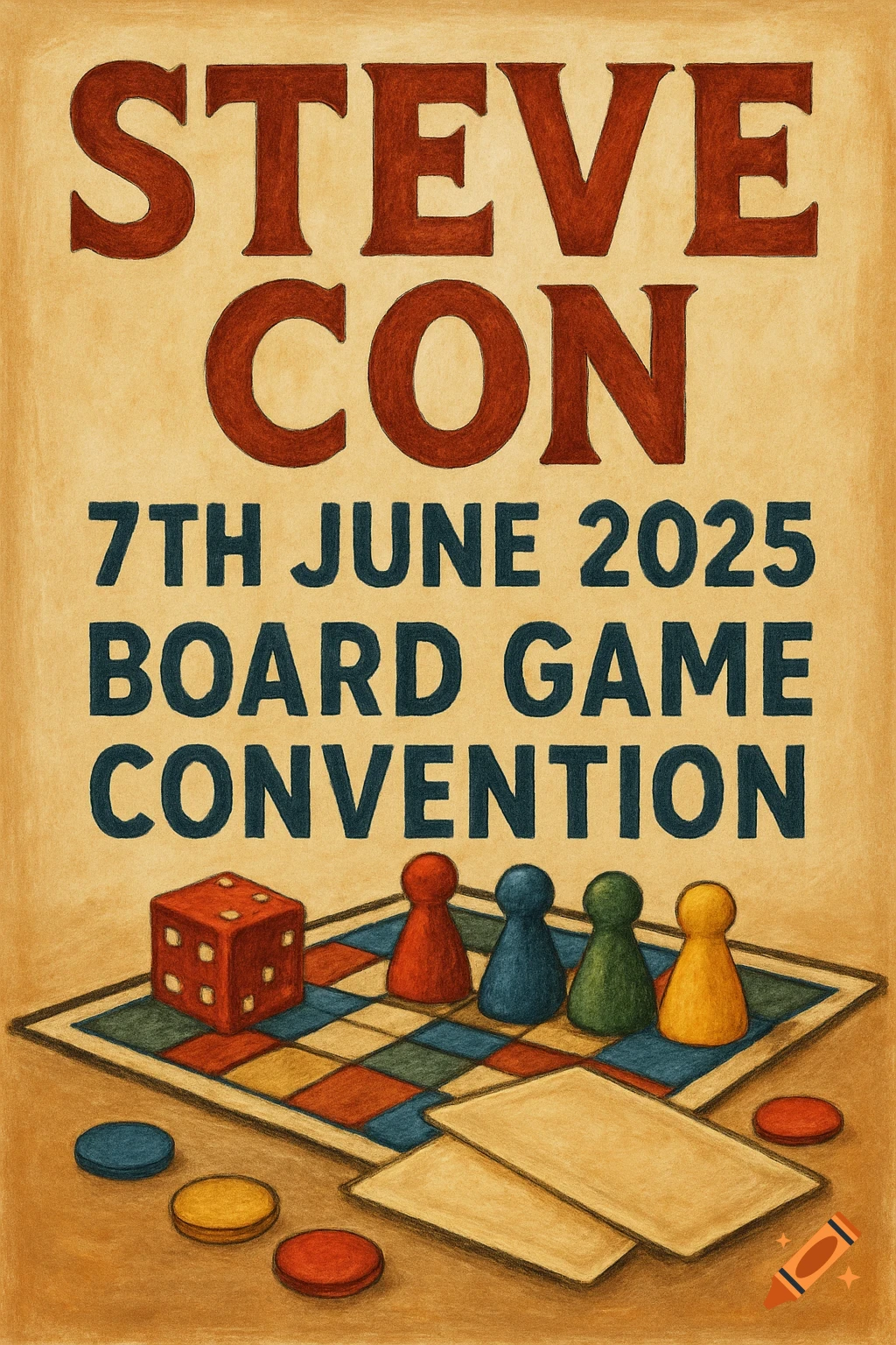 Poster for Stevecon board game convention with board game pieces, rendered in a colored pencil style.