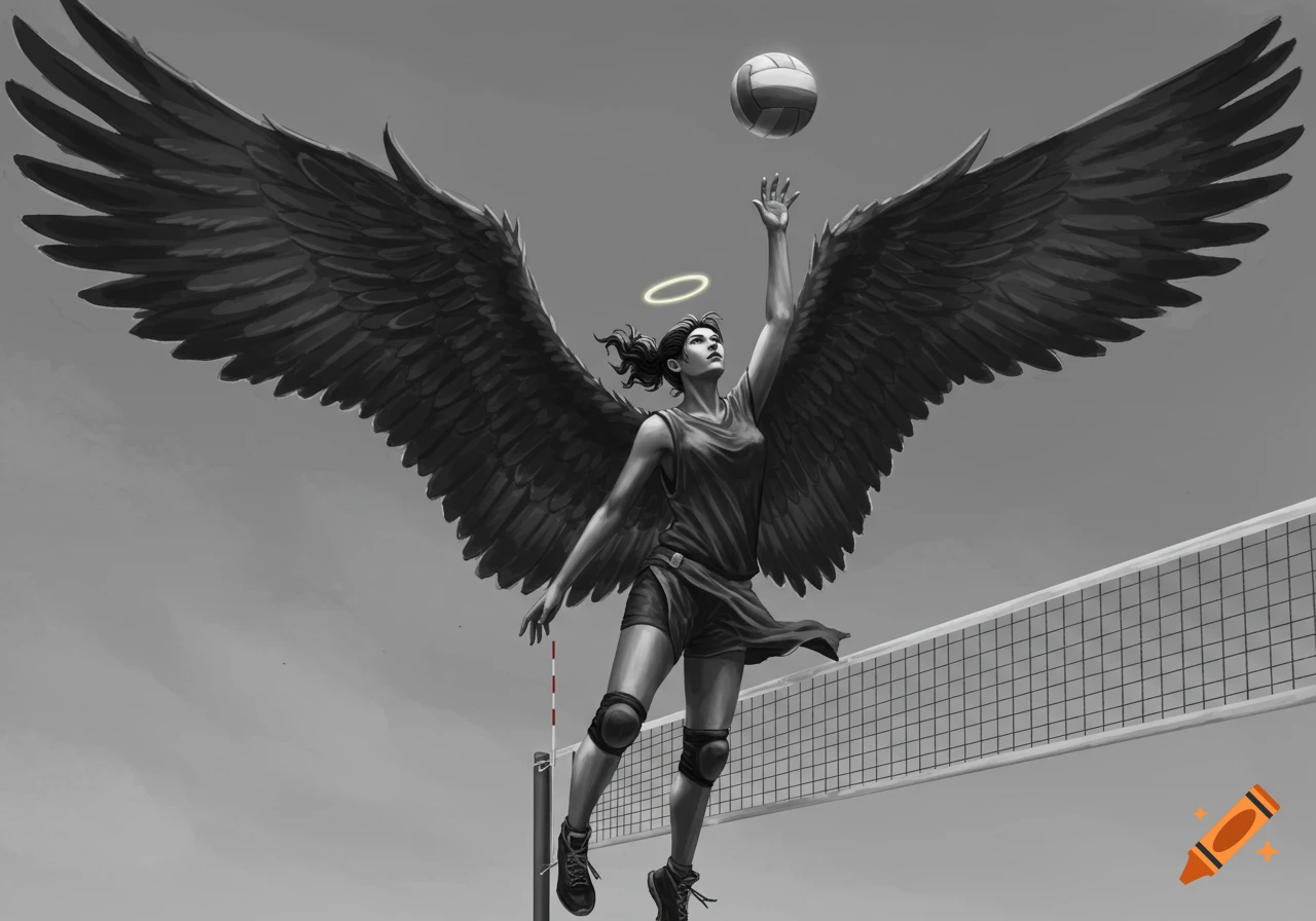 A black and white illustration of a female angel with large wings spiking a volleyball over a net.