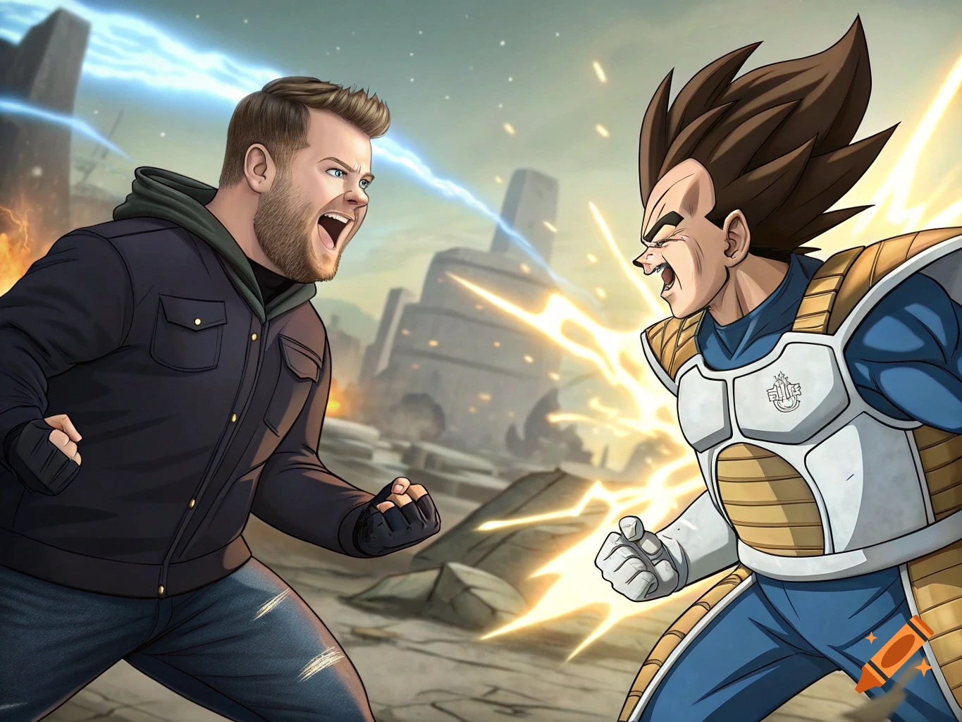 Anime-style illustration of James Corden fighting Vegeta.