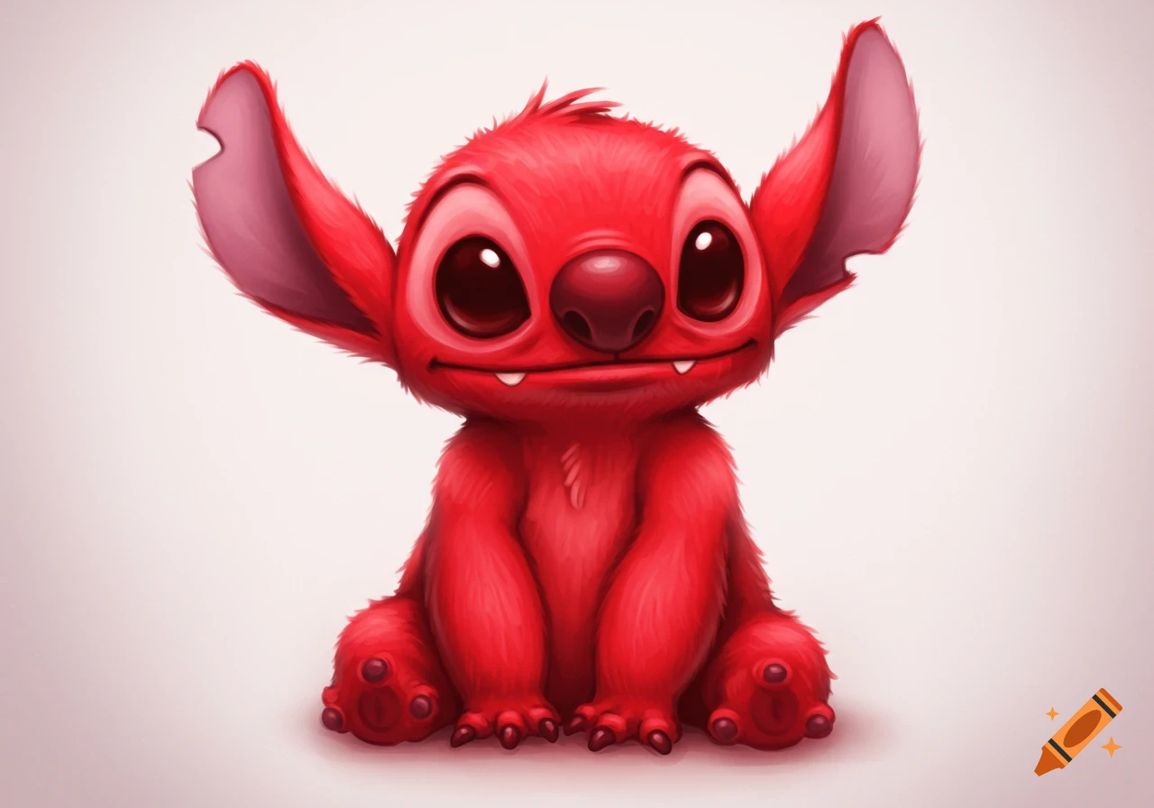 A red cartoon alien similar to Stitch sits looking forward.