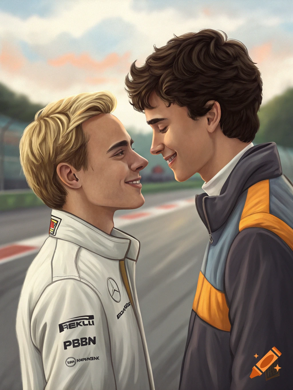 Illustration of two young men in racing jackets smiling at each other on a race track.