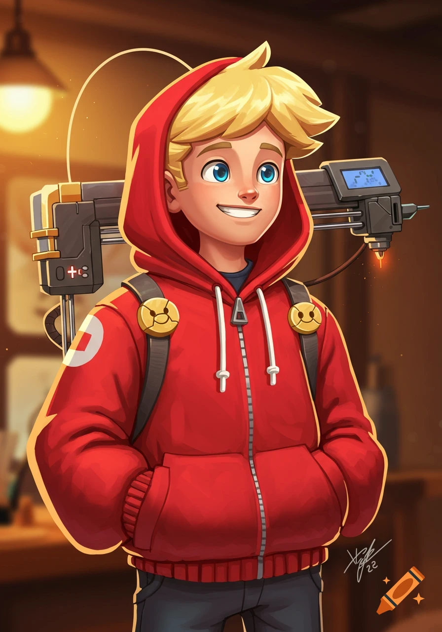 Cartoon boy in red hoodie with a backpack 3D printer.