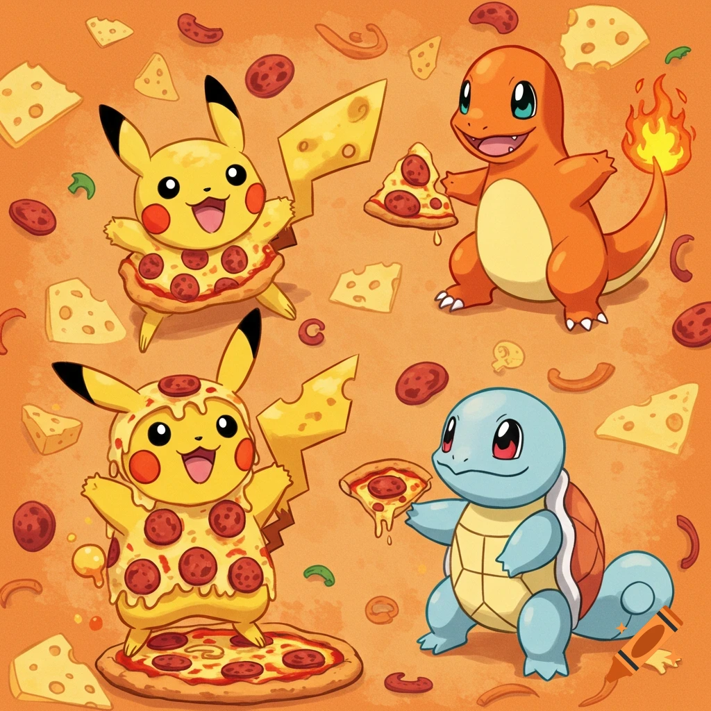Cartoon illustration of Pikachu, Charmander, and Squirtle with pizza.