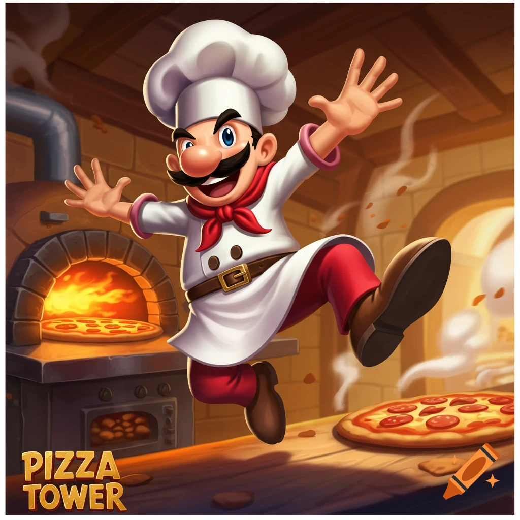 Cartoon chef jumping near a pizza oven with 'Pizza Tower' text