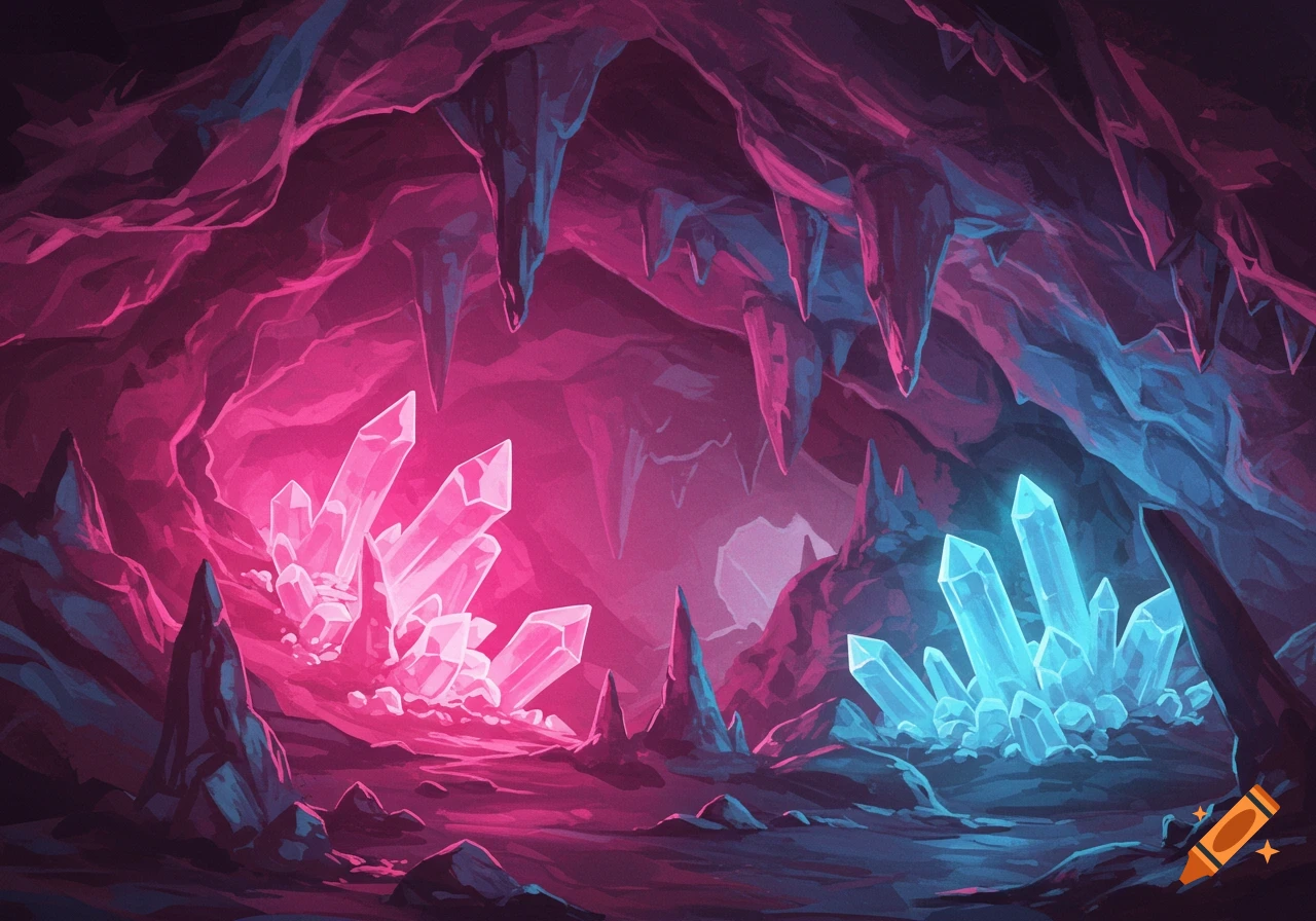 Digital painting of a cave with glowing pink and blue crystals.