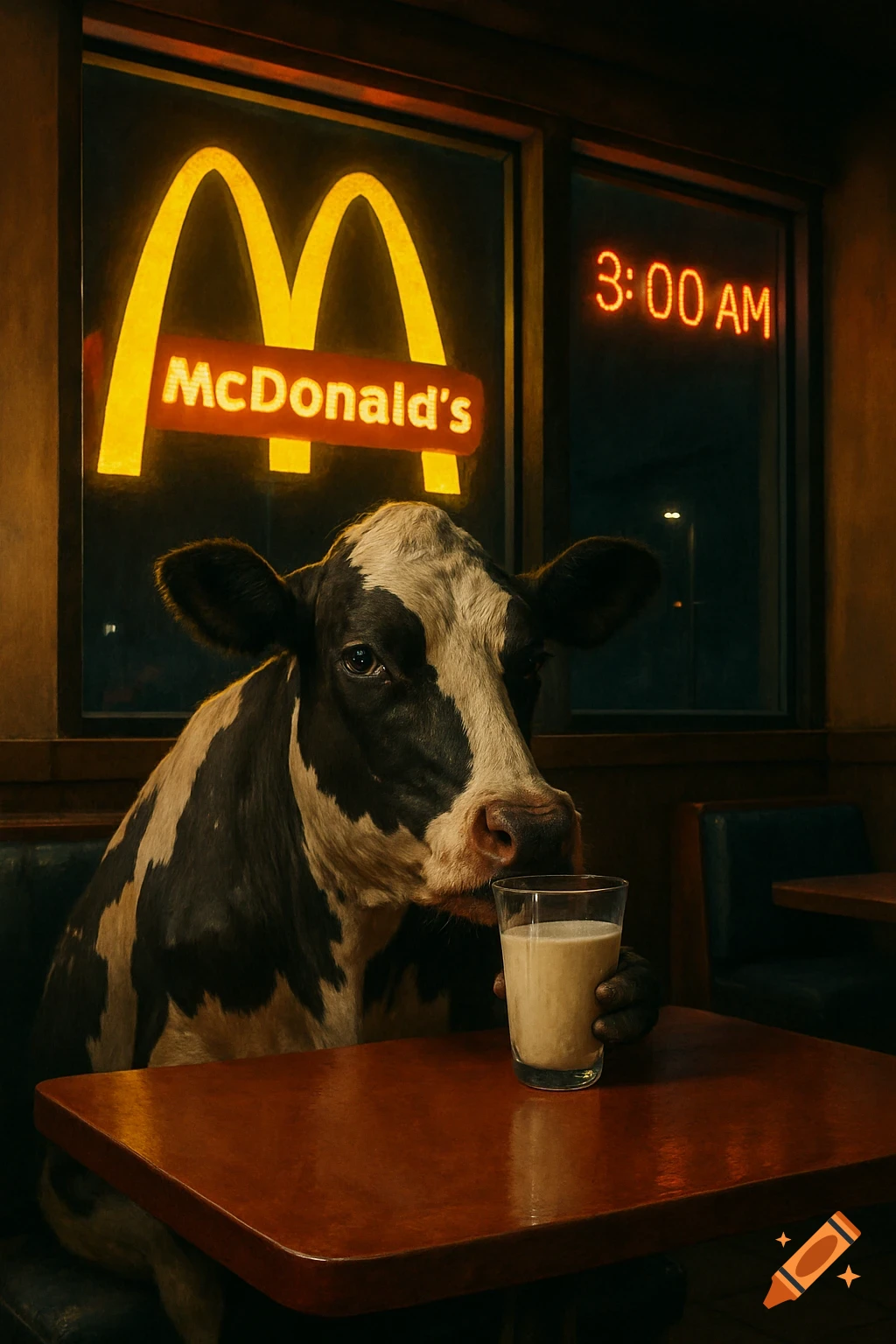 A cow sits at a table inside a McDonald's at 3:00 AM, holding a glass of milk.