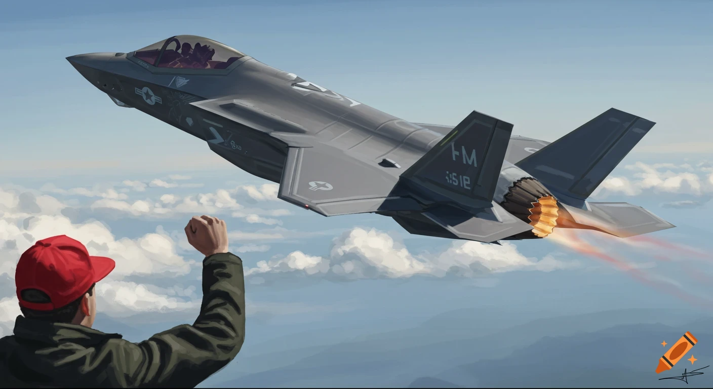 Person in red hat cheers as an F-35 fighter jet flies past in a digital painting.