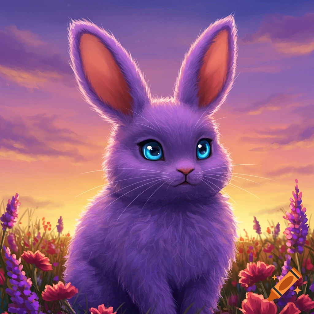 A purple bunny with blue eyes sits in a field of flowers at sunset.