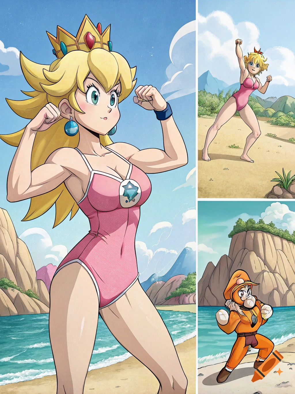 Anime split image of muscular Princess Peach and other characters in swimsuits flexing on a beach.
