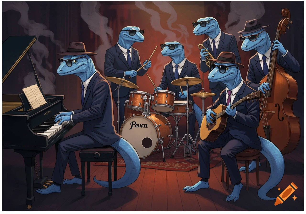 Illustration of a band of blue lizards wearing suits and sunglasses playing jazz instruments like piano, drums, guitar, and double bass.