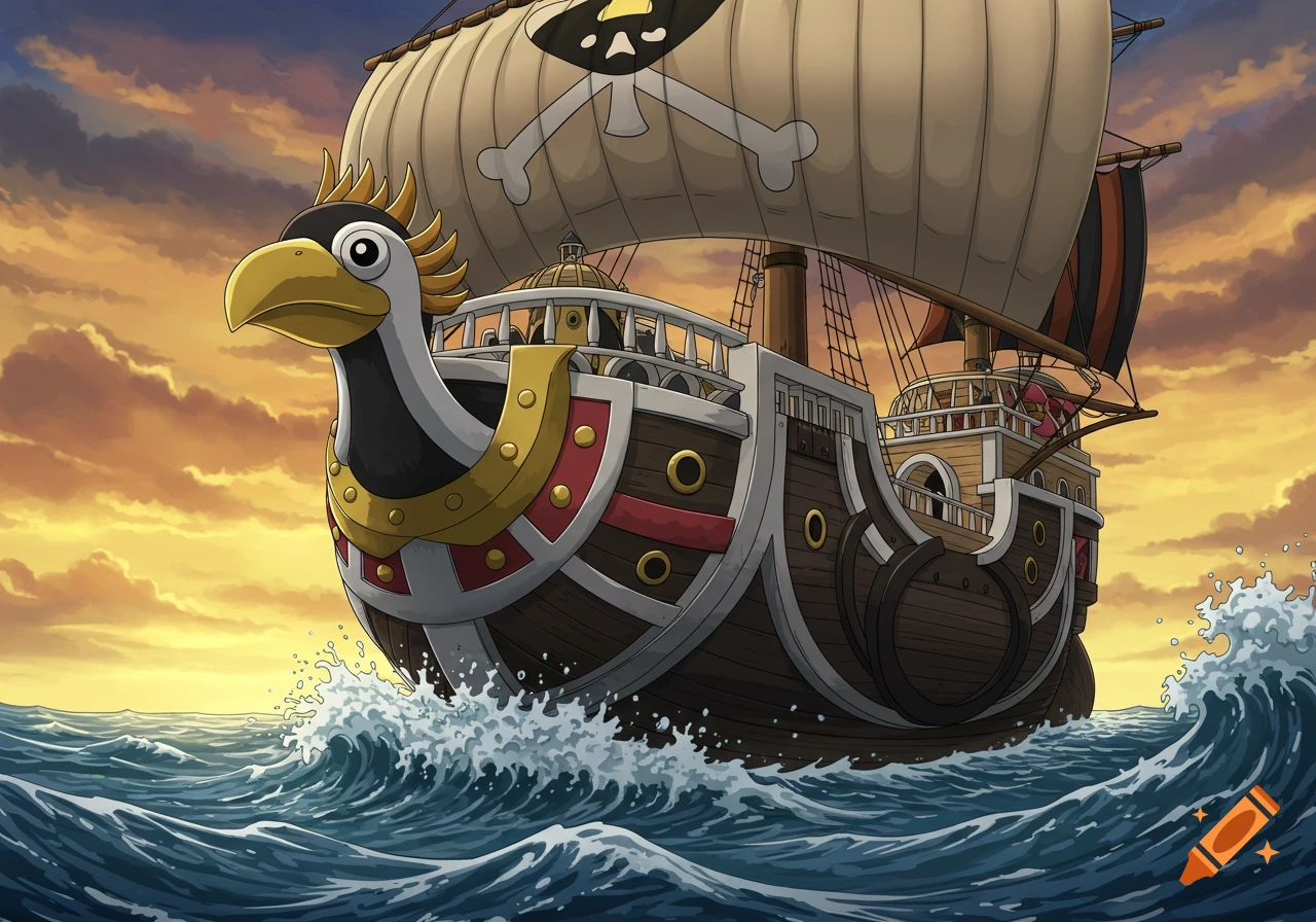Anime style pirate ship with a bird figurehead sailing on the ocean at sunset.